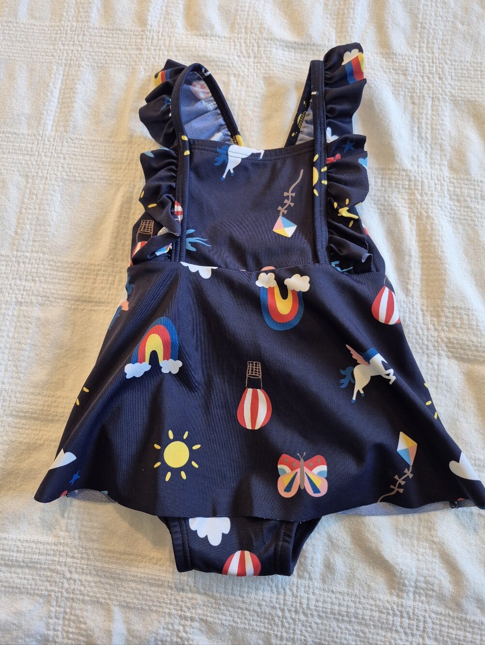 Hanna Andersson girls 75 or 12-18 months skirted bathing suit, navy ruffle EUC